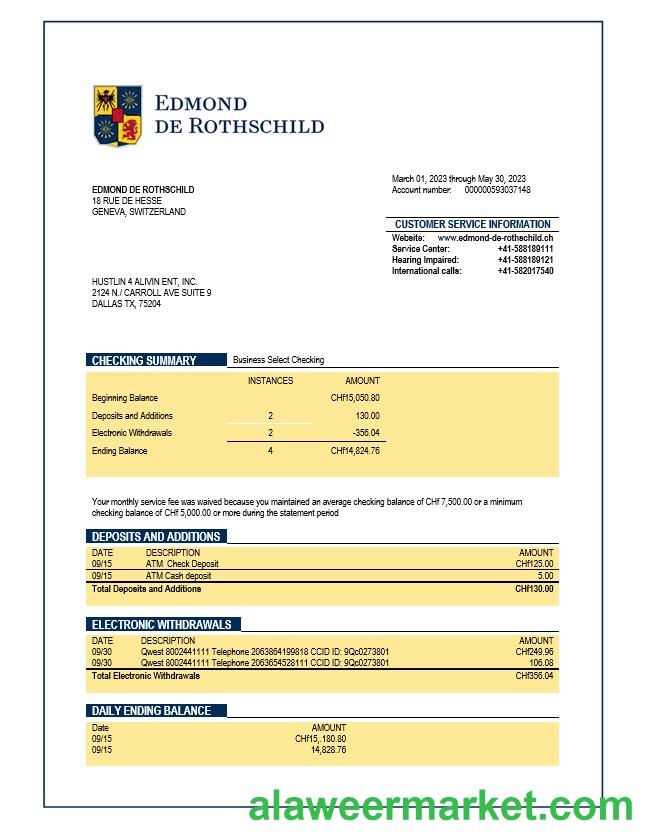 Banque Privee Edmond de Rothschild organization checking account statement Word and PDF template